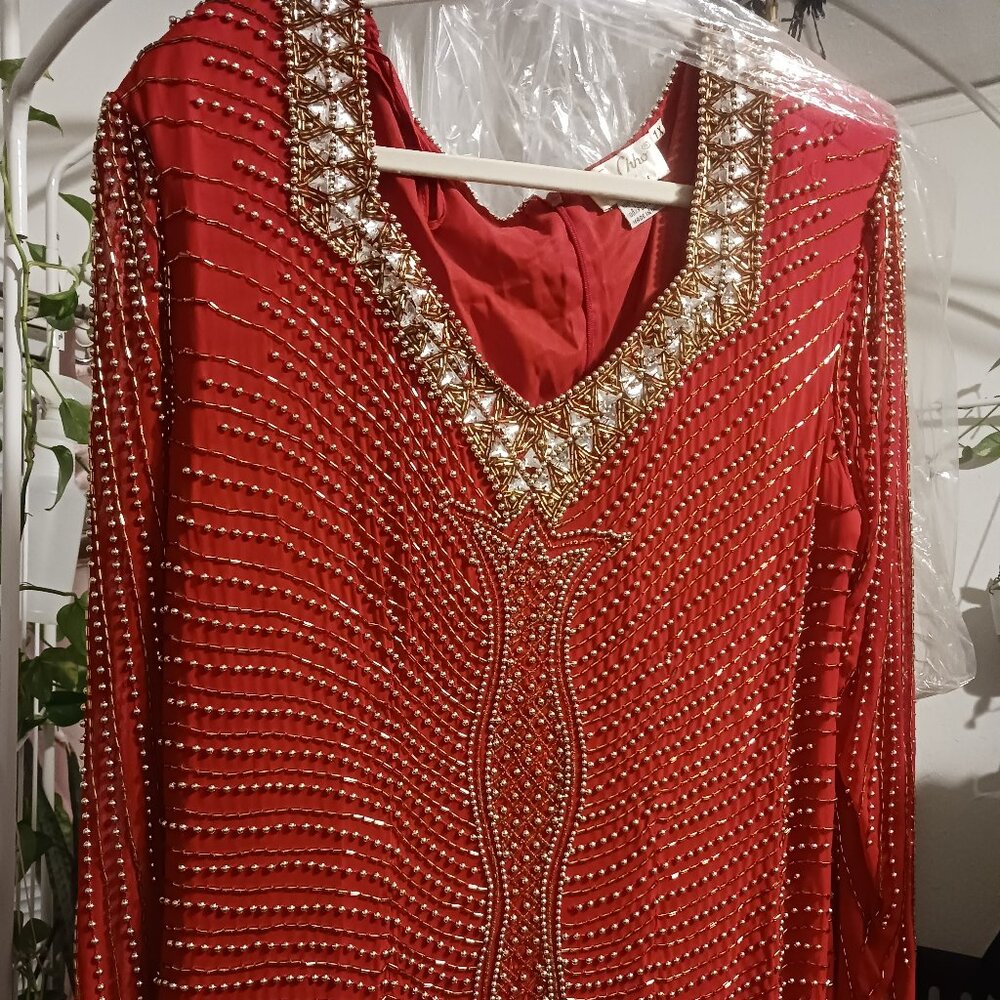 MAKE OFFER!! Tan-Chho 1xl silk beaded drop waist dress (fits as Large)